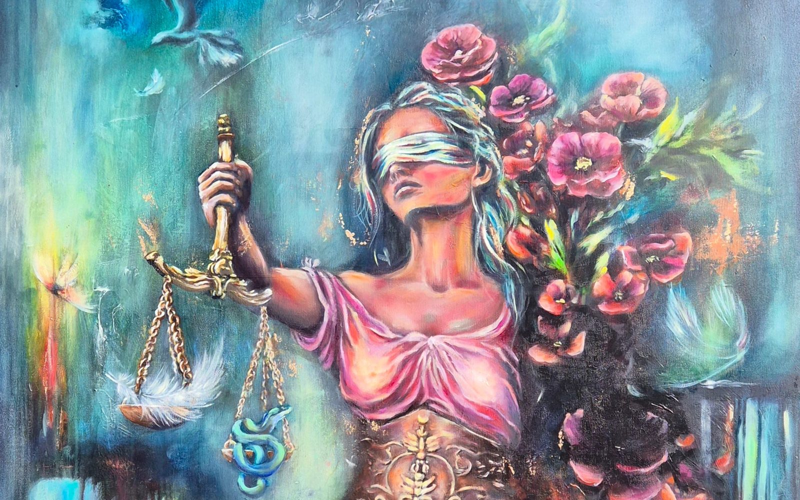 Detail des Gemäldes „Justitia“: eine verbundene Frauenfigur mit goldener Waage, umgeben von Mohnblüten in Magenta und Koralle auf tiefem Türkis.