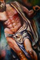Detail von „Solis“: der Oberkörper der Figur mit erhobenem Arm und dem hellen Tuch.